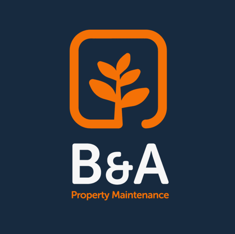Logo with an orange outline of a plant inside a square above the text B&A in white and Property Maintenance in orange on a dark blue background.